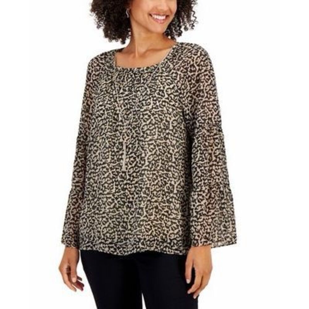 NWT JM Collection Leopard‎ Print Blouse w/ Statement Tassel Necklace Size M